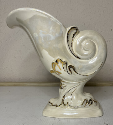 Kleine Co. Ceramic Pearl Gold Nautilus Vase/  Planter 1956 Signed Faye Colvert