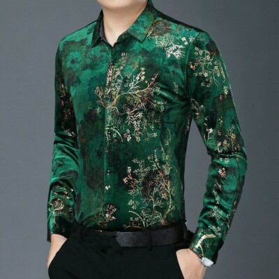 Herren Samt Blumenmuster Hemden Freizeit Langärmlige Bluse Top Slim Blume Warme