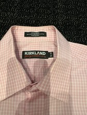 Kirkland Signature Mens Dress Shirt Long Sleeve Pink Plaid 16-1/2 34