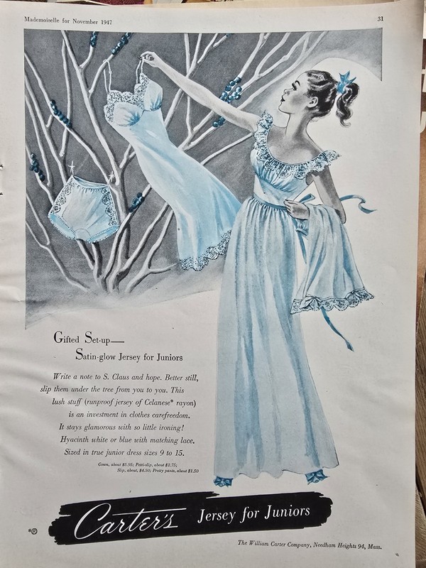 1947 Carter's Jersey for Juniors blue gown slip panties Vintage fashion art  Ad 