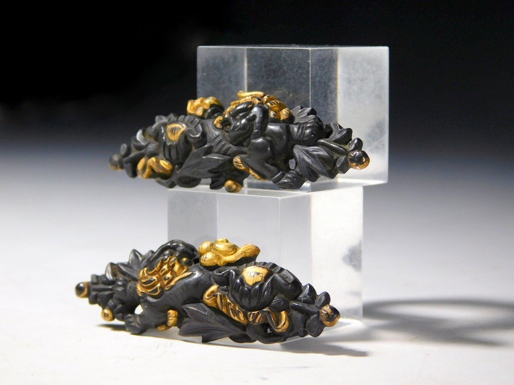 Shishi and Peony 43mm Large Kinko 目貫 Menuki Edo original tsuba antique