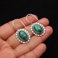 Malachite Lab-Created Gemstone 925 Sterling Silver Jewelry Earrings 1.77"