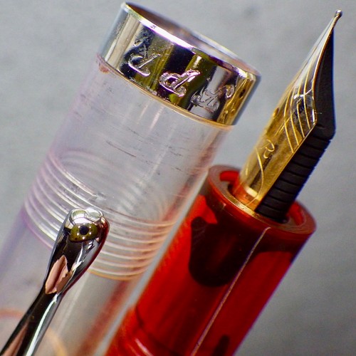 Serviced FPR Fountain Pen•Piston Converter•CT•Clear & Red Accents•FPR M Nib - Picture 2 of 4