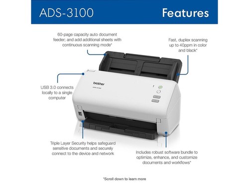 Brother ADS3100 24 bit 600 x 600 dpi Sheet Fed High-Speed Desktop Scanner for - Picture 3 of 5