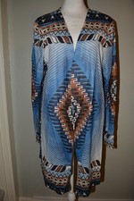 JustFashionNow Open Front Cardigan Size L Blue Aztec Southwest Print Long Sleeve