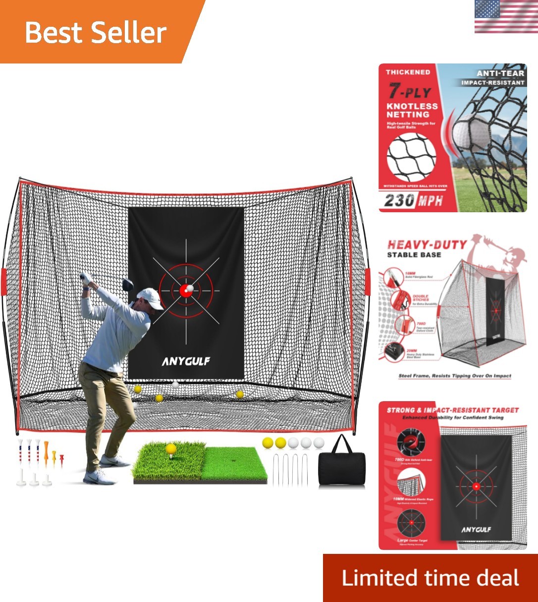 Net, 10x7ft Heavy Duty Golf Practice Net With Mat, Outdoor Indoor Hi...
