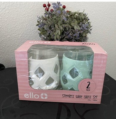 Ello Cru 17oz Cool Sky Yucca/White 2 Stemless Wine Glass Set / NIB