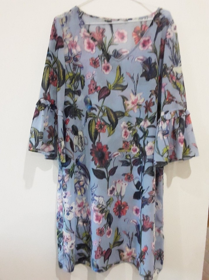 Blue Floral Sheer  Womens   Size M  Shift Dress Loose Cool Summery Bell Sleeve