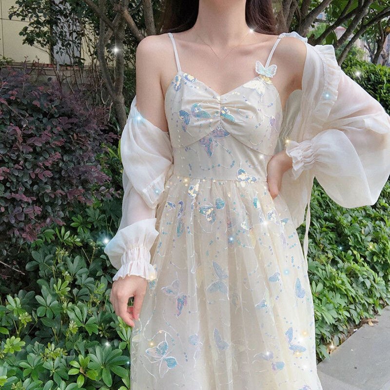 Women Long Dress Mesh Sequin Butterfly Spaghetti Strap Sleeveless Fairy  Princess | eBay