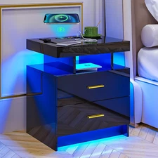 LED Nightstand, RGB Black Night Stand with Usb/Wireless Charging Station, Modern