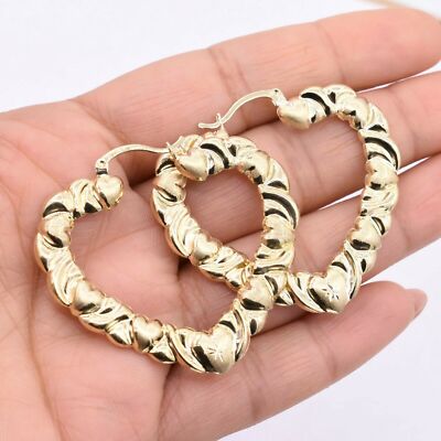 1 3/4'' strukturierte Satin abgestufte Herz Creolen echt 10K Gelbgold