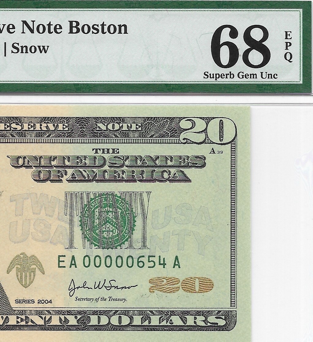 Billete de 20 dólares Boston FRN PMG 2004 EXCELENTE GEMA 68 EPQ sin circular. Serie BAJA 654