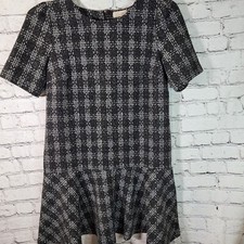 LOFT Drop Waist Dress Womens M Black White Excellent Plaid Ruffle Hem 450817