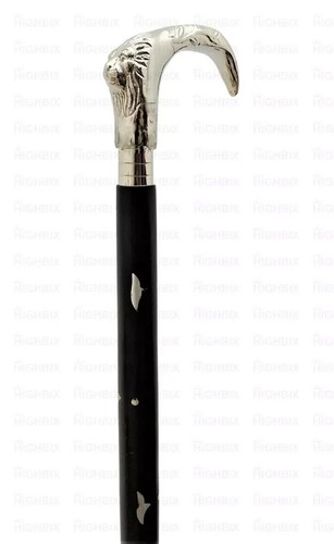 Vintage Solid Brass Lion Head Handle Antique Wooden Walking Black Stick Cane - Picture 3 of 5