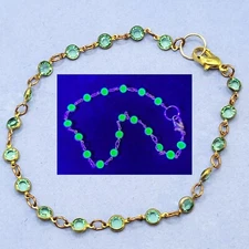 Dainty Uranium Glass Bracelet Tennis Link Green Faceted Gold Tone