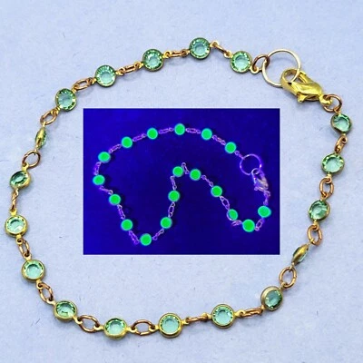 STORYSHAPED STUDIOS Dainty Uranium Glass Bracelet Tennis Link Green Faceted Gold Tone