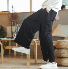 Men's Youth 2024 Fashion Linen Cotton Chinese Retro Wide Leg Pants Trousers