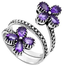 Double Flower Natural Cut Gemstone 925 Sterling Silver Adjustable Ring AGR1030