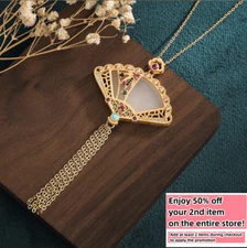 Jade Crystal Pendant Necklace Charm 18K Gold Plated Chain Cloisonne Fan Gemstone