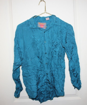 Vintage90s Protest Boys Silk Long Sleeve Collar Button Shirt Size Small Teal