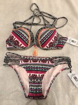 New 2-Pc Push Up Bikini Bohemian Style Pink Multi Color Floral Size 34B/XS