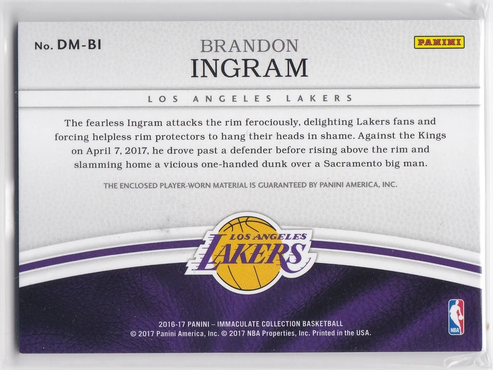 2016-17 Panini Immaculate Dual Materials Red #DM-BI Brandon Ingram Rookie /25 - Image 2 of 2