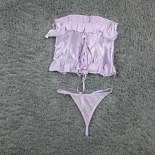Adore Me Corset Lingerie Set Womens Medium Purple Satin Ruffle Thong Top NWT