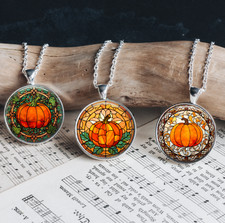 Fall Halloween Pumpkin Art Silver Necklace Standard or Large Charm Pendant