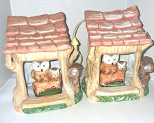 Vintage Owl Ceramic Night Light Set of 2 Plug-In Lamp Brown Baby Owls Treehouse