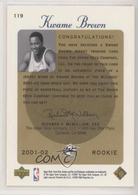 2001-02 Upper Deck Sweet Shot Base Rookie Jersey /600 Kwame Brown #119 RC - Image 2 of 2