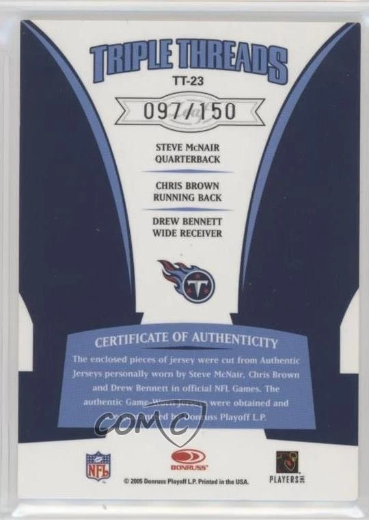 2005 Leaf Rookies & Stars Triple Threads Steve McNair Chris Brown Drew Bennett - Image 2 of 2