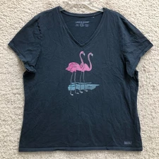 Life Is Good Top Shirt 2XL Adult Blue Crusher Tee Flamingo V Neck Casual Womens