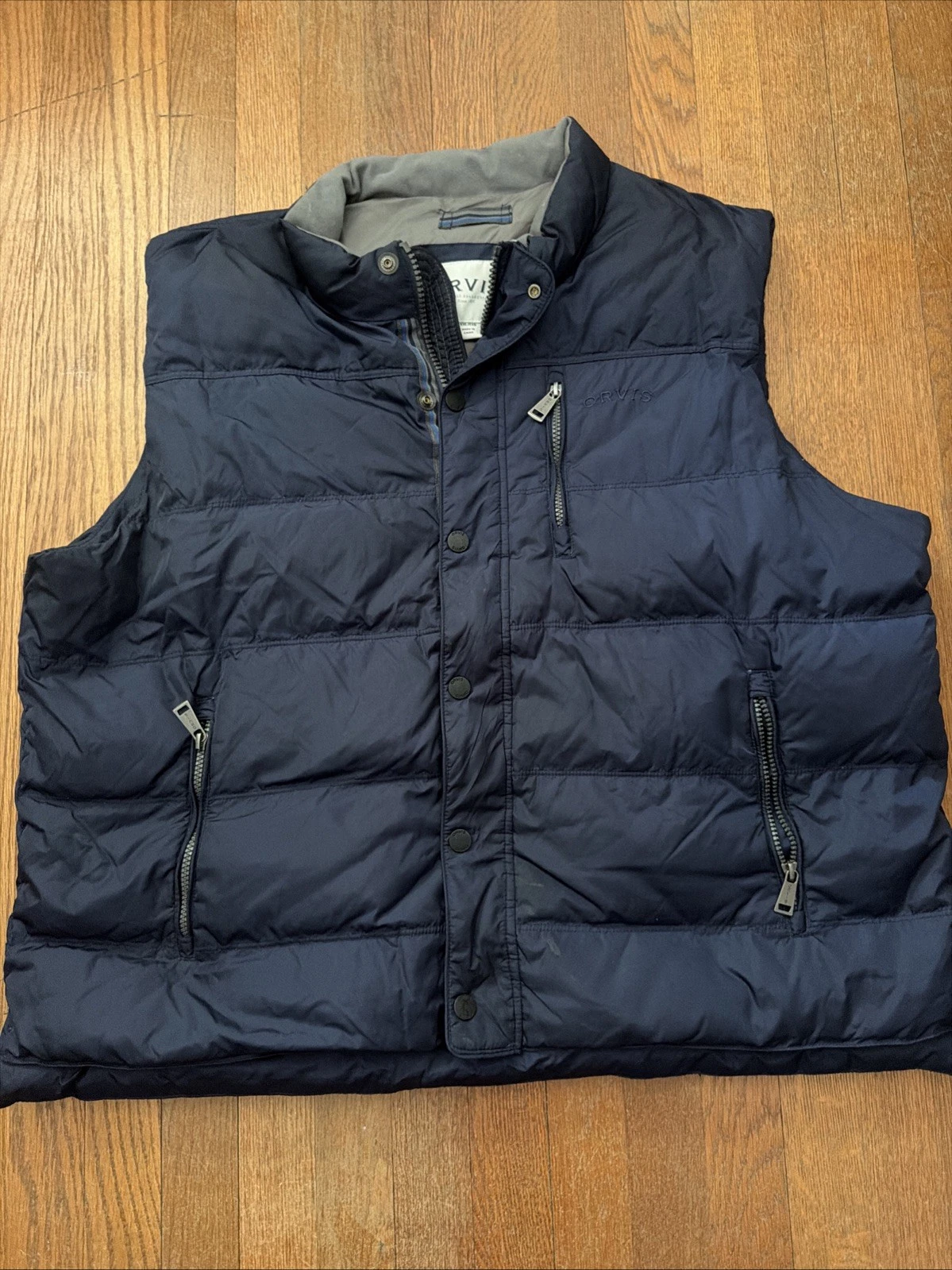Orvis Size XXL Duck Down Puffer Vest Jacket Full Zip Snap Navy Blue