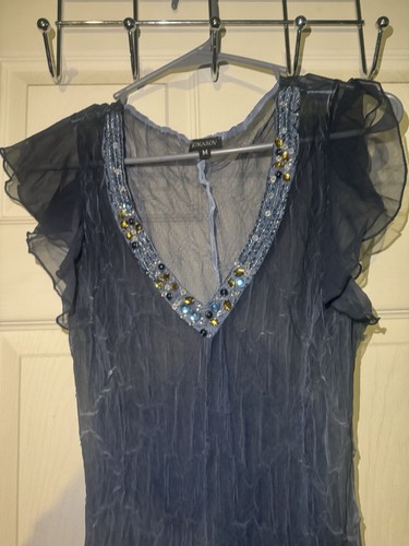 Komarov Blue Beaded Chiffon Long Gown Dress V-Neck Sheer Women M - Picture 2 of 4