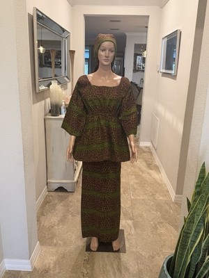 Women s African Ankara Dress 3 Piece (Head Wrap, Top, Lappa Waist Scarf)