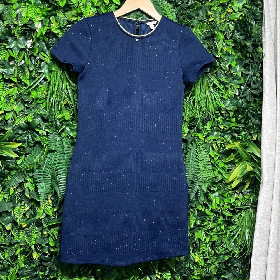 Guess Kids Girls Dress Size 12 Navy Glitter Sparkle Short Sleeve Knit 3268 - Image 3 of 4