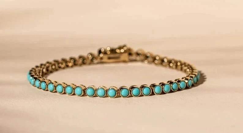 Wedding Tennis Bracelet 14k Yellow Gold Plated Silvr Round Lab Created Turquoise - Image 2 of 4