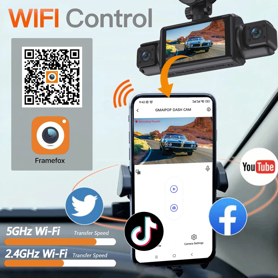 Caméra Embarquée Dashcam Voiture 4 Caméras 1080P Mode Parking 24h Wifi 5G 128 Go - Photo 2/4
