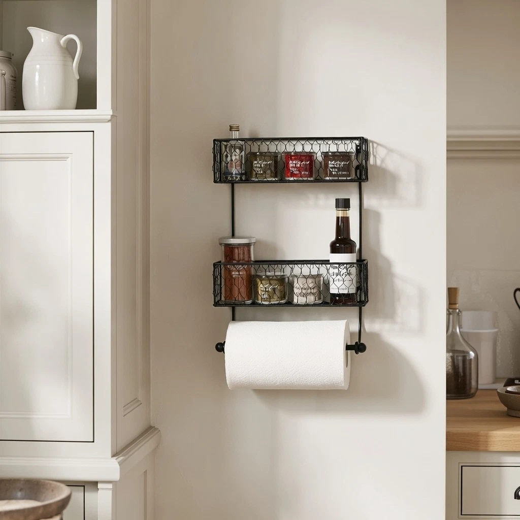 Industrial Storage Metal Wire Black Wall Mounted Spice Rack Kitchen Roll Holder
Opens in a new windo