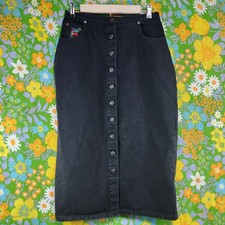 Carole Little Vintage 90s Floral Embroidered Black Denim Button-Down Midi Skirt