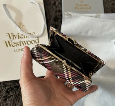 Vivienne Westwood Clasp Trifold Saturn Pink Plaid Leather Wallet