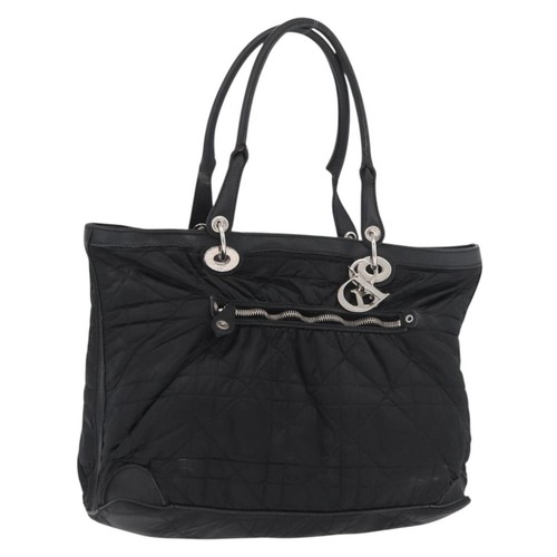 Christian Dior Lady Dior Tote Bag Nylon Black Silver Auth bs35408