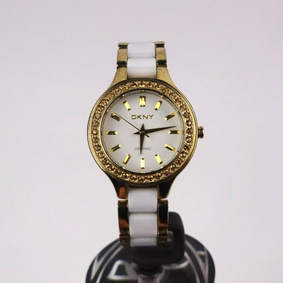 DKNY Uhr NY-8140 Chambers Keramik weißes Zifferblatt Edelsteinbesatz Damen KLEINE GRÖSSE