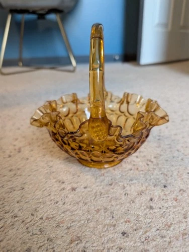 Fenton Colonial Thumbprint Glass Amber Basket Vintage Ruffled Edge 8" Candy