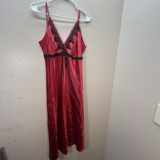 VTG Maxi Slip Dress Satin Lace Embroidered Red Y2K 90s Whimsigoth Goth Long