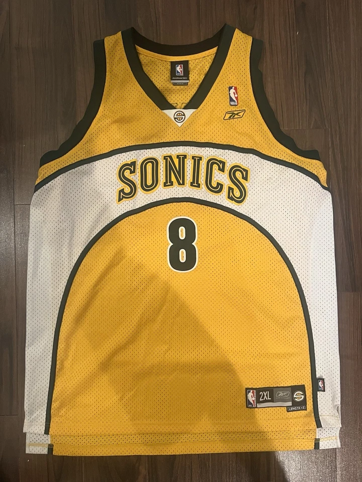 CAMISETA DE LOS SUPERSONICS DE LOS SEATTLE FIRMADA POR LUKE RIDNOUR AMARILLA ANTIGUA 2X RARA SWINGMAN AUTO Foto 2 de 4