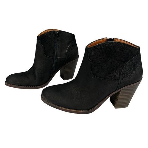 Lucky Brand Elle Ankle Boot Round Toe Black Leather Western Booties Size 9.5 - Picture 3 of 13