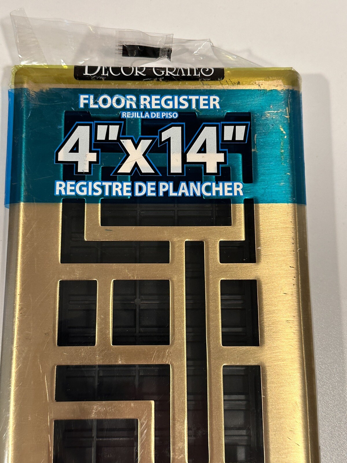 как выглядит Decor Grates ABH414-SB Floor Register 4" x 14" SATIN Brass Abstract фото