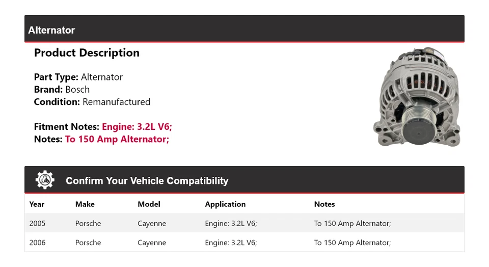 Alternador Bosch para Porsche Cayenne 2005-2006 3,2 L V6 (remanufacturado) Foto 2 de 4