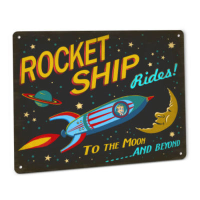 Rocket Ship Rides Decor SIGN Vintage Style Girls Boys Bedroom Door